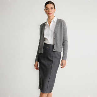 灰色a字半身裙秋冬新款加厚压褶腰头后开叉中长款简约小个子半裙