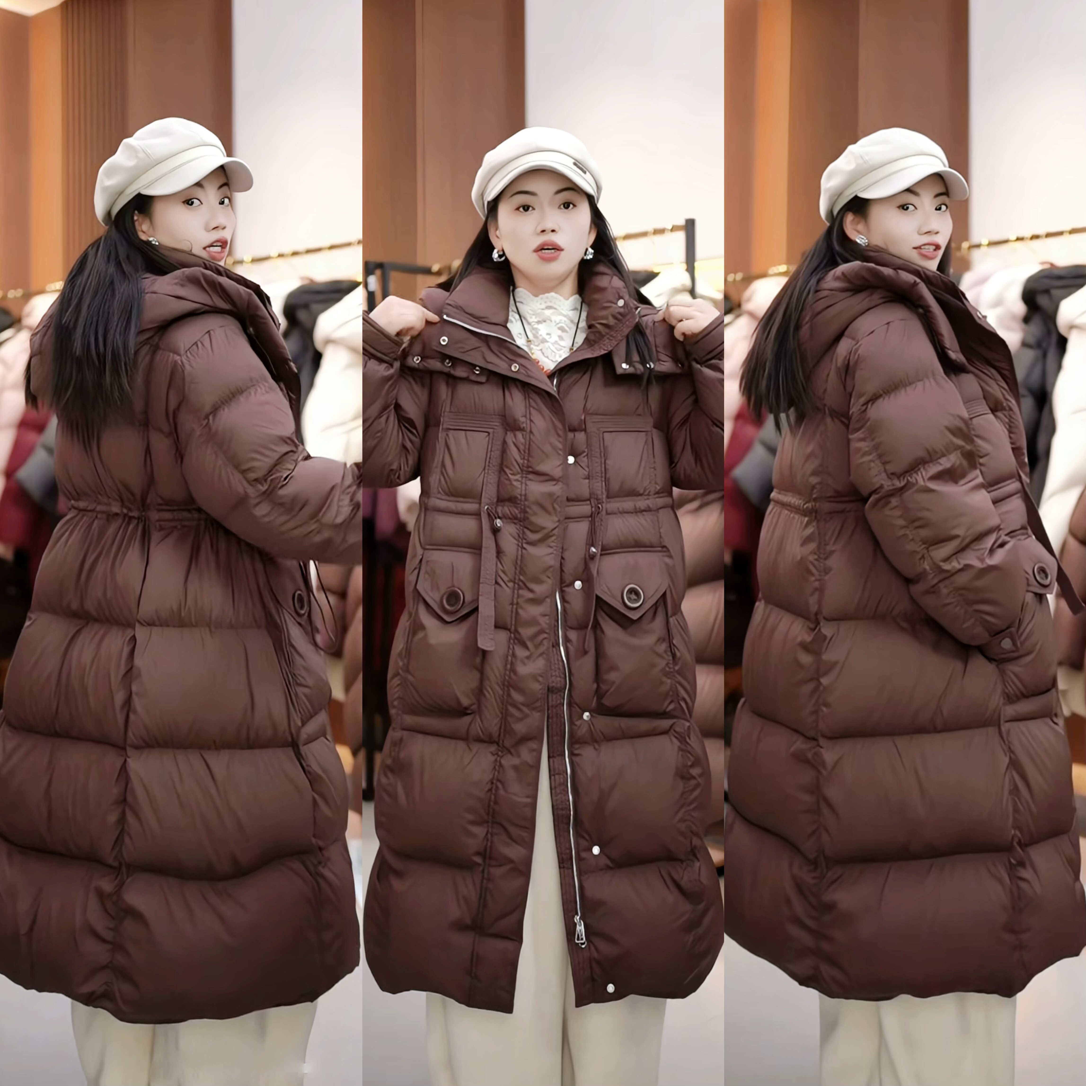 口袋圆扣白鸭绒羽绒服女中长款