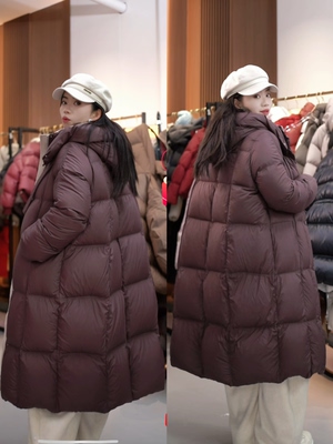12/20撞色飘带豆腐块长款加厚90白鹅绒羽绒服女外套