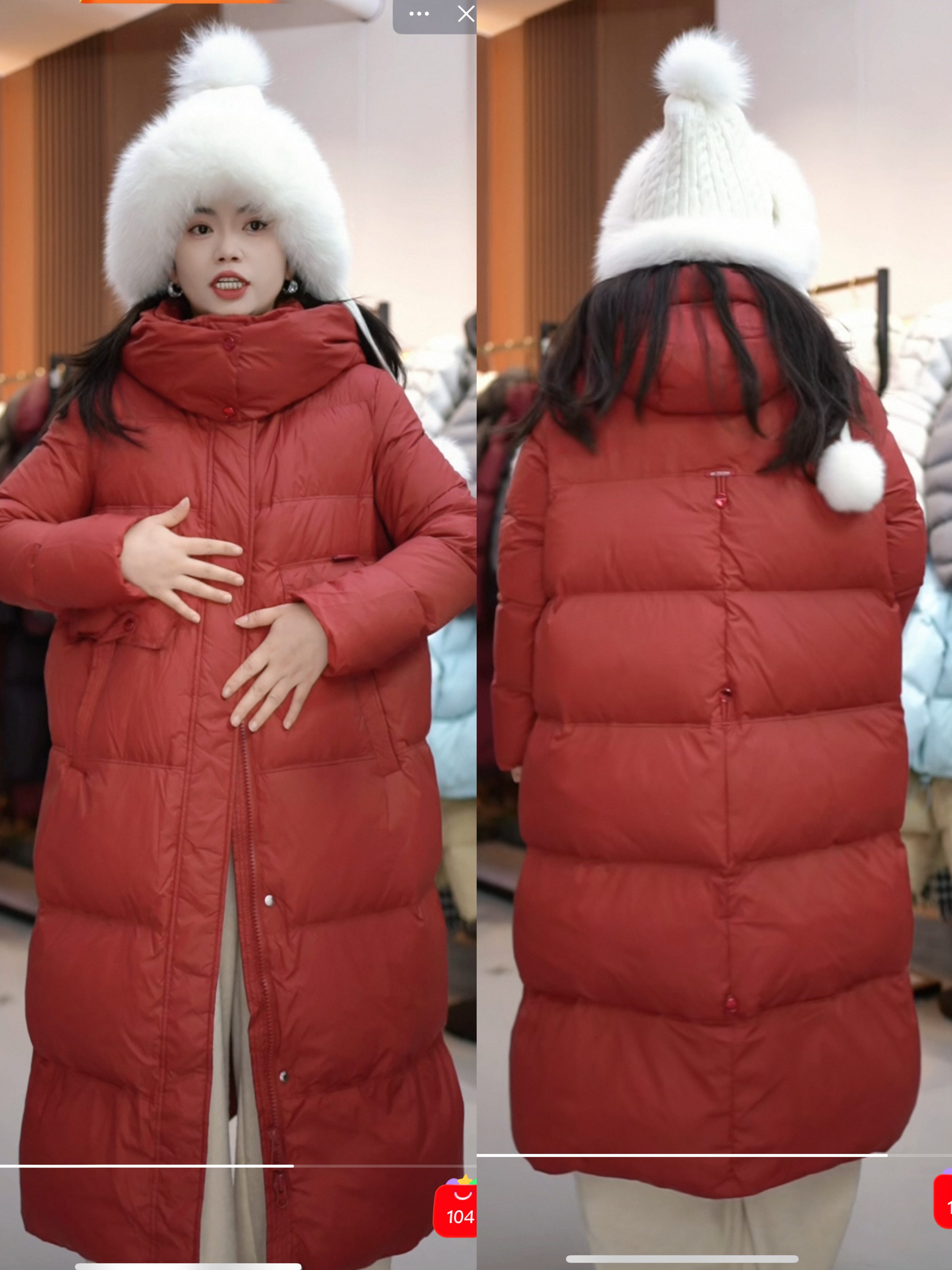 三生三世钮扣新年红白鸭绒加厚泡芙长款羽绒服