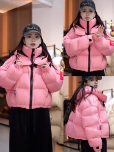 粉色设计感领口卡扣小短款90绒子羽绒服女洋气外套