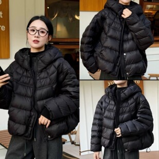 韩版 时尚 白鸭绒 羽绒服冬季 连帽设计感豆腐块拼接排骨90绒短款