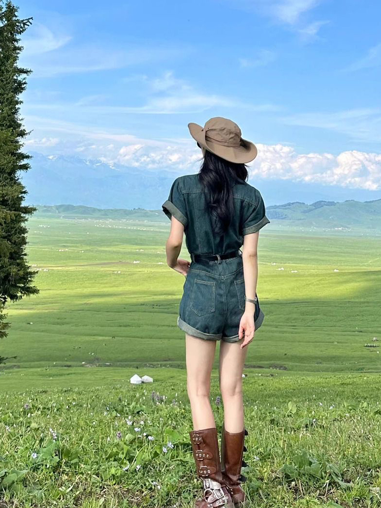 新疆川西草原城市游牧风云南旅游穿搭甜辣风西部牛仔连衣裙裤女夏