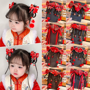 2025儿童新年头饰女童红色喜庆拜年发夹中国风宝宝假发辫过年发饰