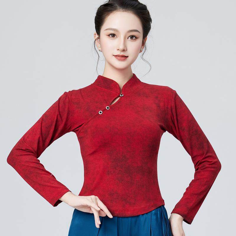 广场舞舞蹈服装长袖立领上衣中老年妈妈红色跳舞衣服古典演出服女