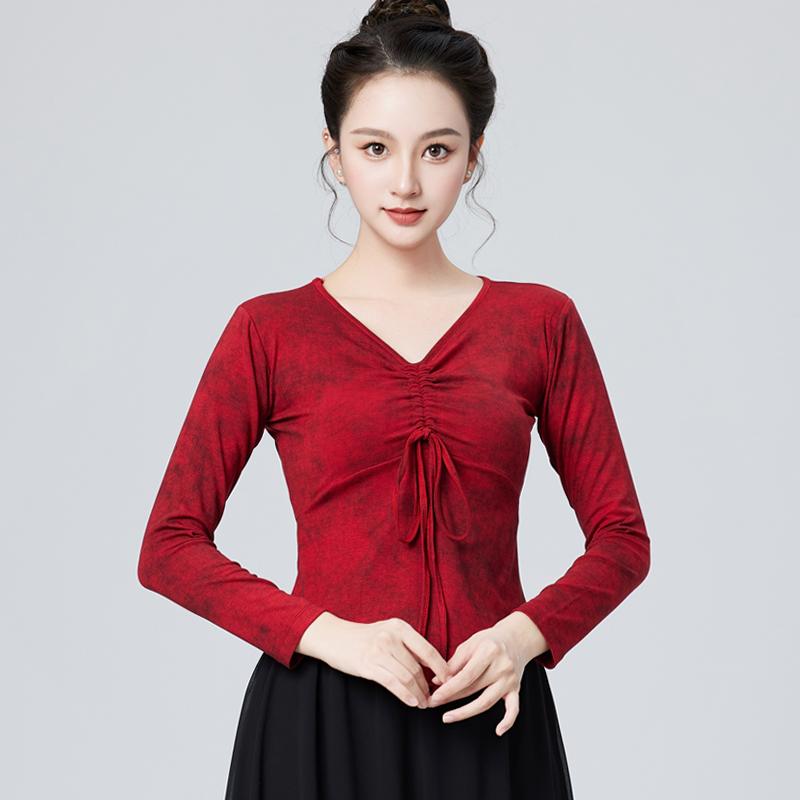 广场舞跳舞长袖上衣V领中国风古典舞蹈演出服中老年大妈跳操服装
