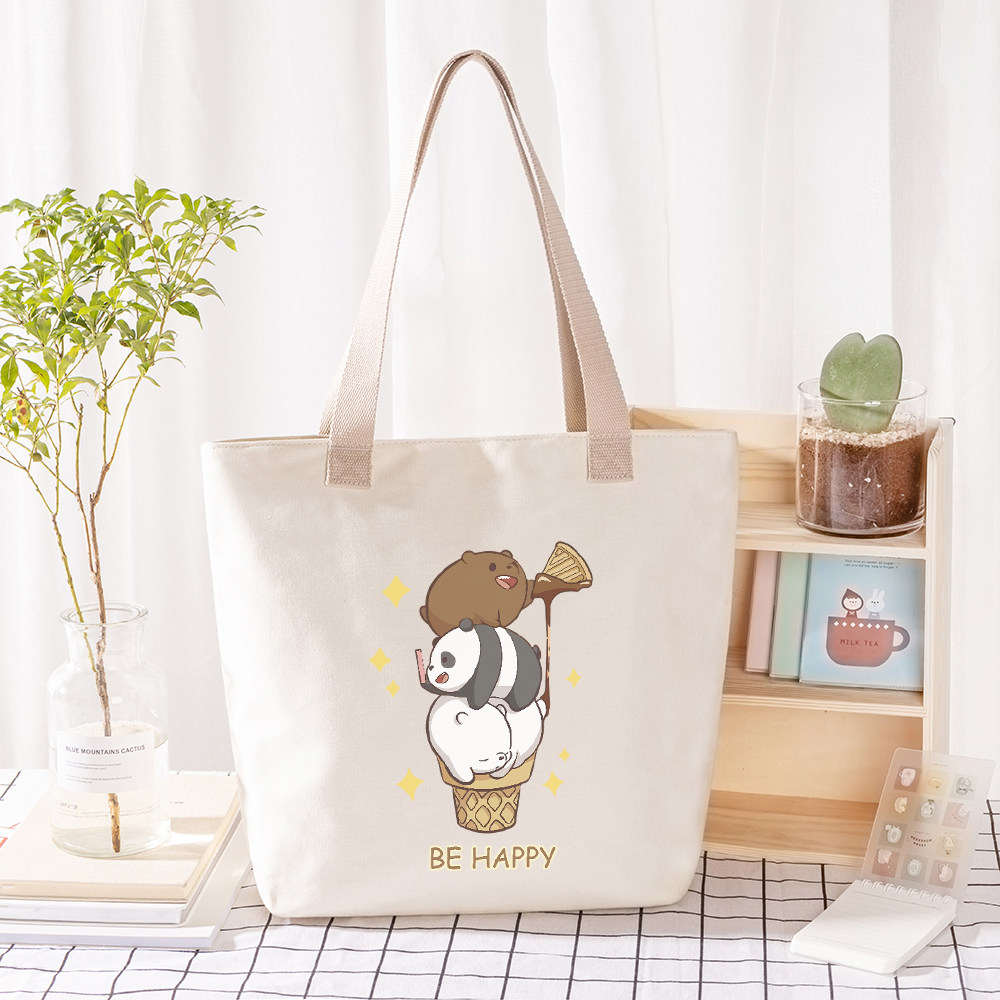 快乐熊帆布包包女日系韩风大学生上课单肩包百搭文艺托特包拉链袋