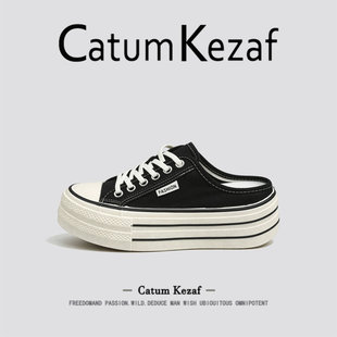 美国CatumKezaf厚底帆布鞋女款夏季一脚蹬超火半拖鞋黑色休闲板鞋