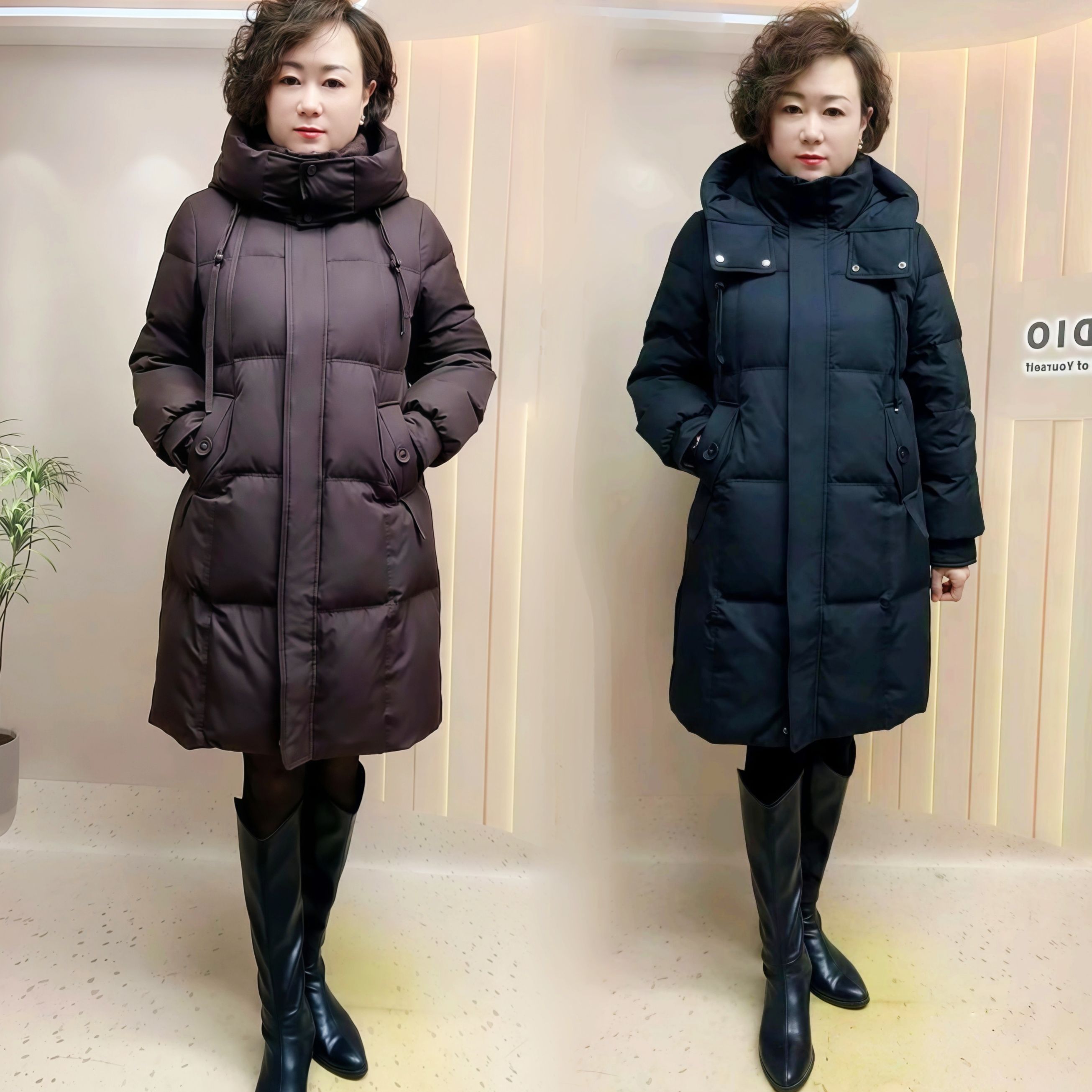 加厚中长款白鸭绒羽绒外套连帽