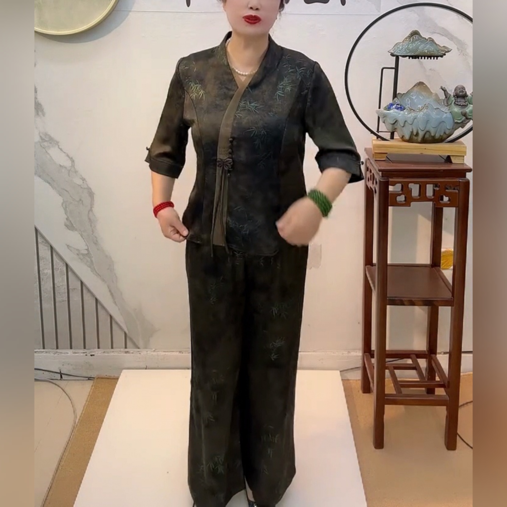 妈妈夏装新中式醋酸真丝套装女