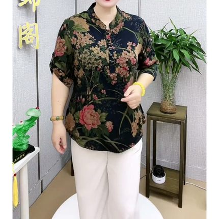 中老年人衣服女桑蚕丝衬衫翻领大码妈妈夏装真丝上衣薄款短袖衬衣