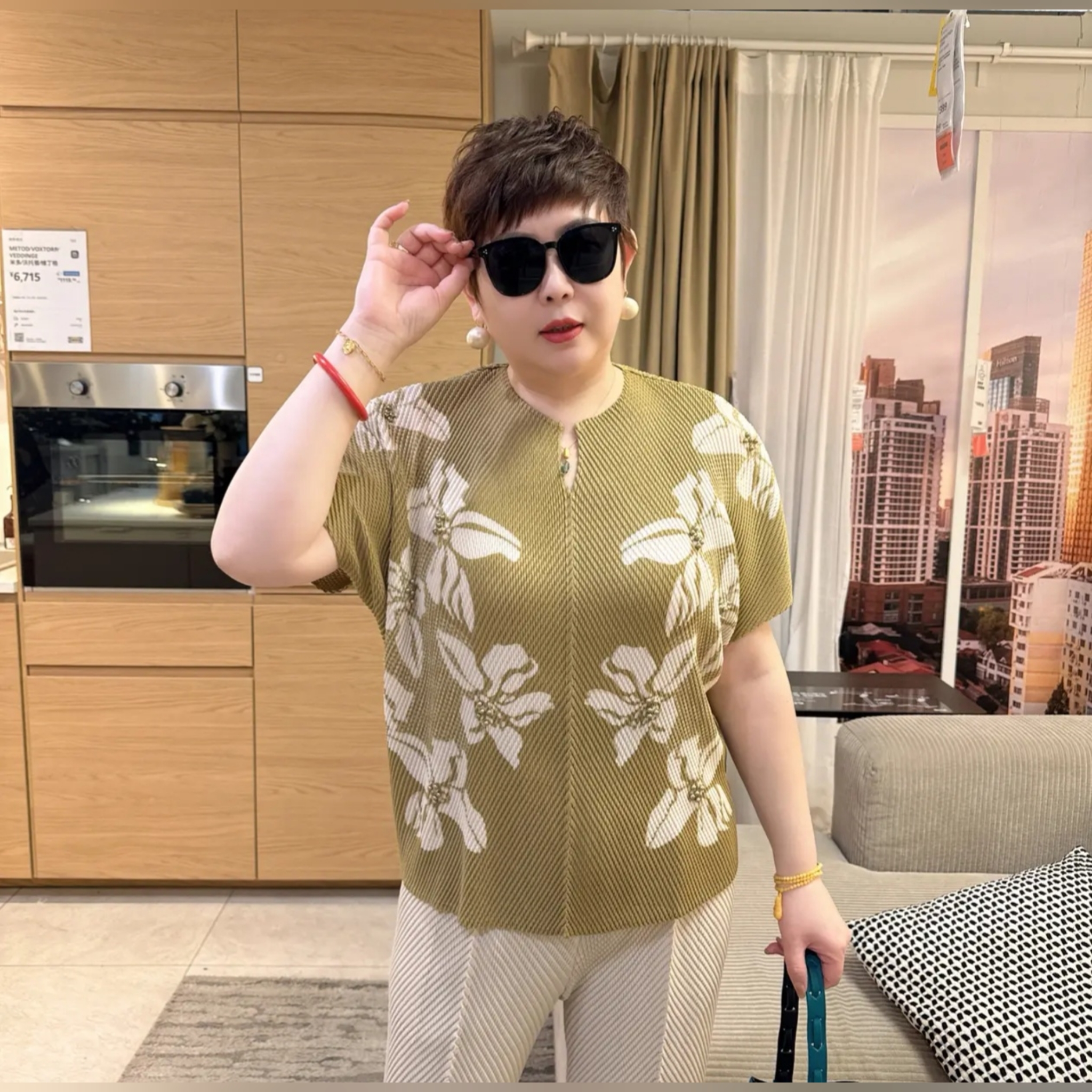 妈妈花色褶皱短袖T恤女夏季上衣