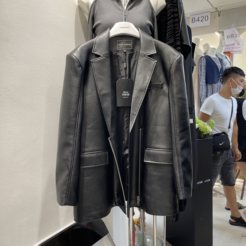 十三行2024春季新款黑色宽松韩版高级感pu皮衣洋气领皮女