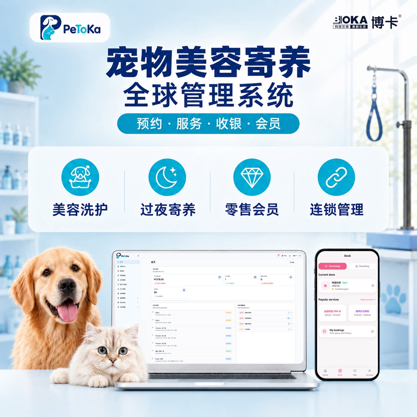 博卡PeToKa宠物店管理系统美容猫狗洗护过夜喂寄养预约服务收银