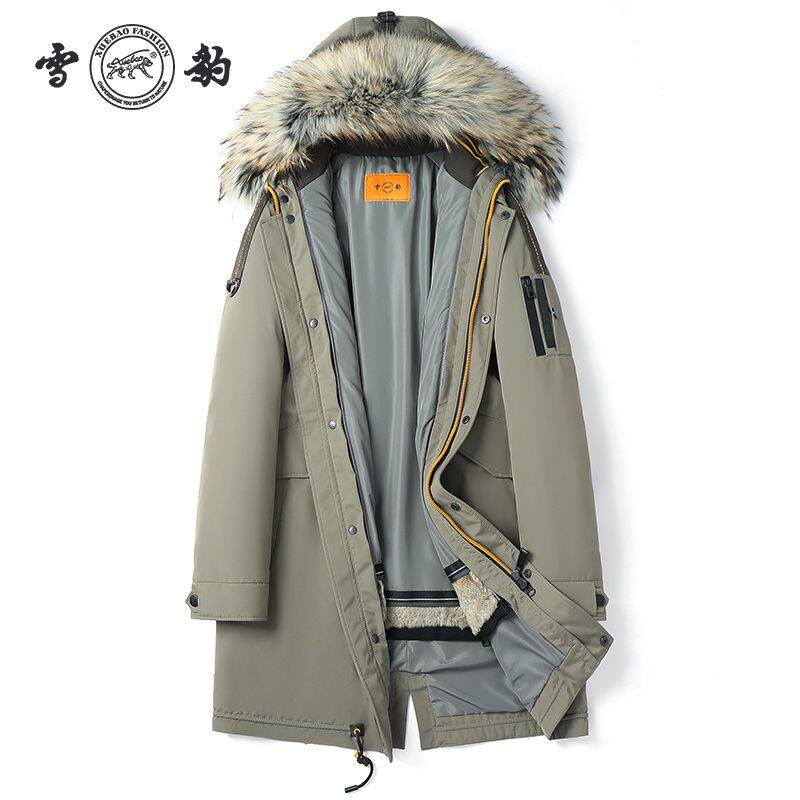 雪豹新款兔毛内胆男士派克服商务休闲貉子毛连帽加厚皮草外套