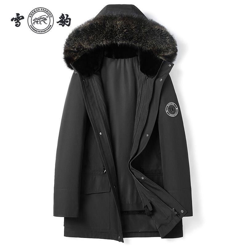 雪豹新款貉子毛领连帽男士派克服兔毛内胆皮草外套