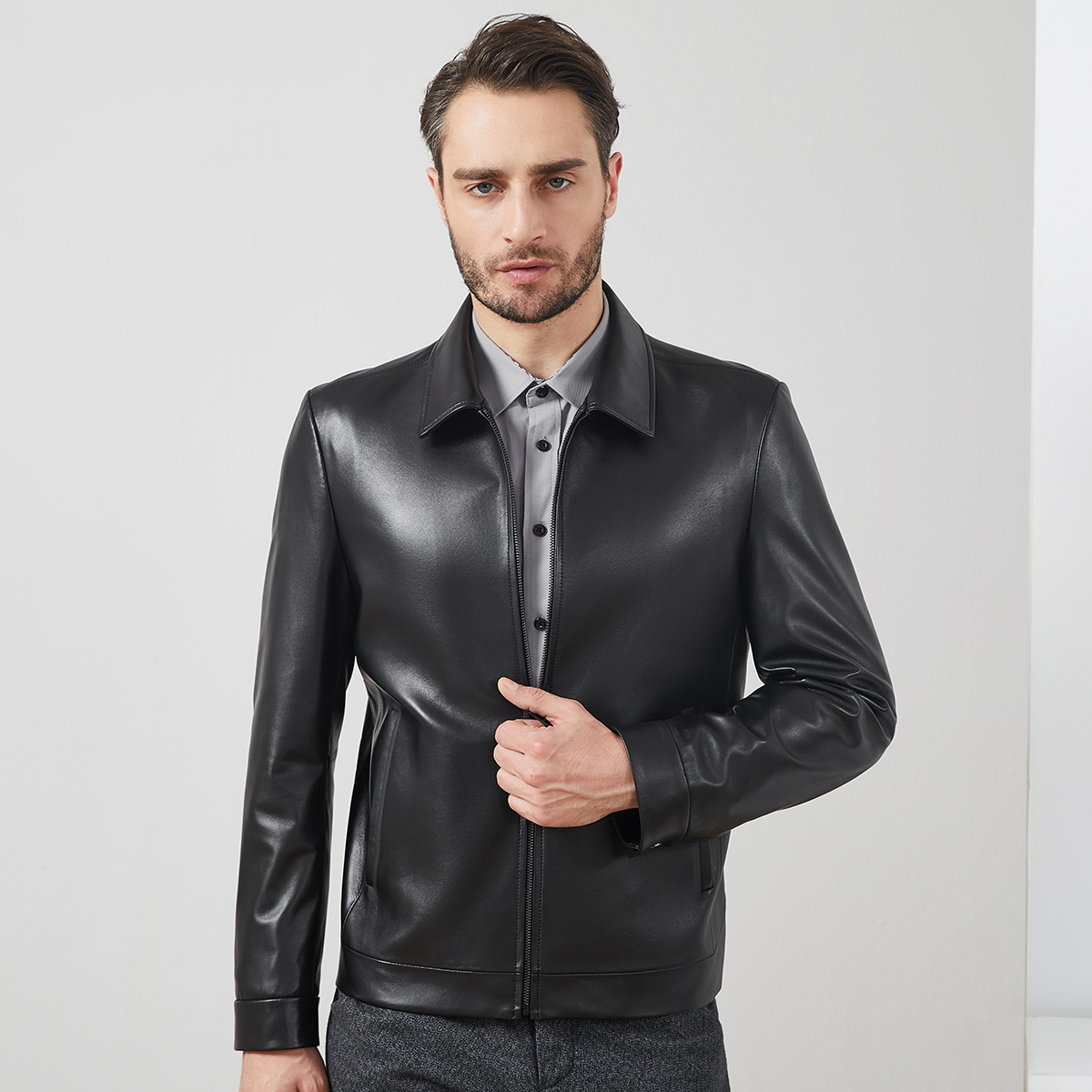 雪豹绵羊皮男士春秋短款真皮皮衣商务休闲薄款皮夹克外套