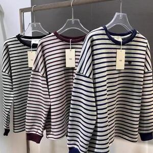 现货韩国egg条纹加绒卫衣女套头卫衣女显瘦宽松休闲针织落肩上衣