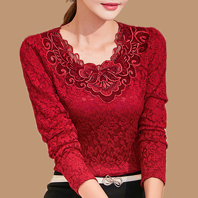 加绒加厚蕾丝打底衫女长袖洋气秋冬天加肥加大码中年妈妈保暖上衣