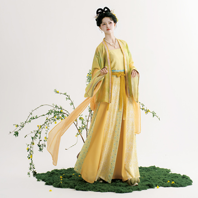 花朝记｜月柳｜晋制汉服褶衣交窬裙披帛绿色黄色晕染天丝日常春夏