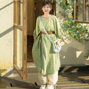 花朝记｜青木｜唐制汉服圆领袍灯笼裤 绣花腰封绿色印花简约日常风