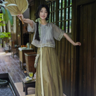 花朝记｜清茶｜唐制汉服元 素坦领背子交窬裙绿色印花日常简约清凉