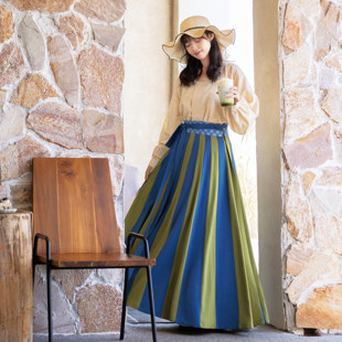 花朝记｜无忧｜唐制汉服元素圆领衫交窬裙蓝绿间色暗纹提花日常风