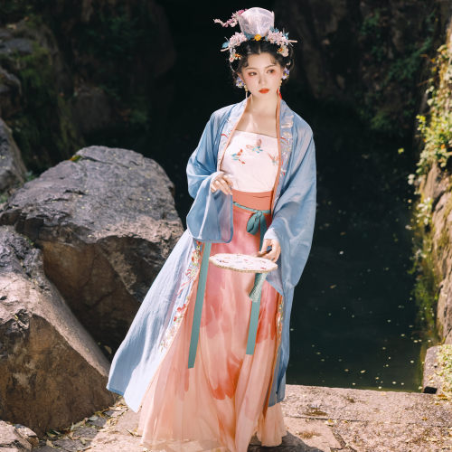 花朝记｜星如雨｜宋制汉服长衫百迭裙三襜天丝绣花印花蓝色春夏款