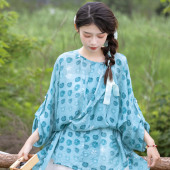 花朝记｜星星果｜唐制汉服圆领衫 印花提花人棉蓝色简约日常夏 短裤