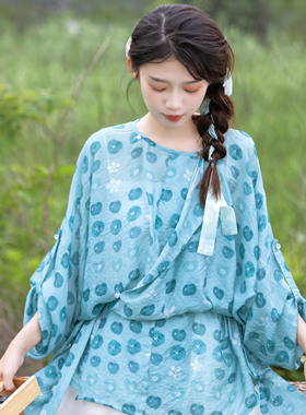 花朝记｜星星果｜唐制汉服圆领衫短裤印花提花人棉蓝色简约日常夏