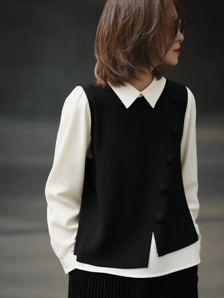 早秋2025年新款高级感polo领针织拼接假两件衬衫洋气百搭显瘦小衫,女装/女士精品,大码内搭,淘宝优惠券,粉丝福利购,淘宝优惠卷
