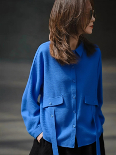 衬衫 设计感小众蓝色翻领蝙蝠袖 洋气百搭上衣女 时尚 早秋2025年新款