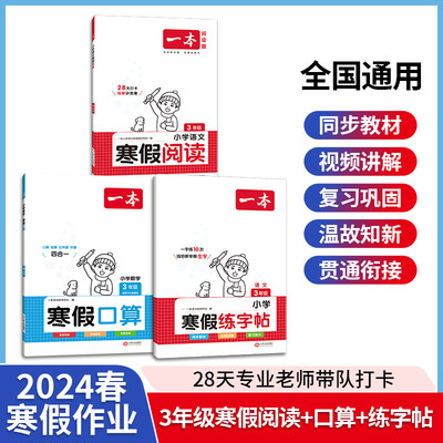 2024春一本小学寒假阅读+口算题+练字帖（共3册）三年级上下册衔接 28天打卡寒假阅读口算题卡练字帖寒假作业每日练课外阅读理解