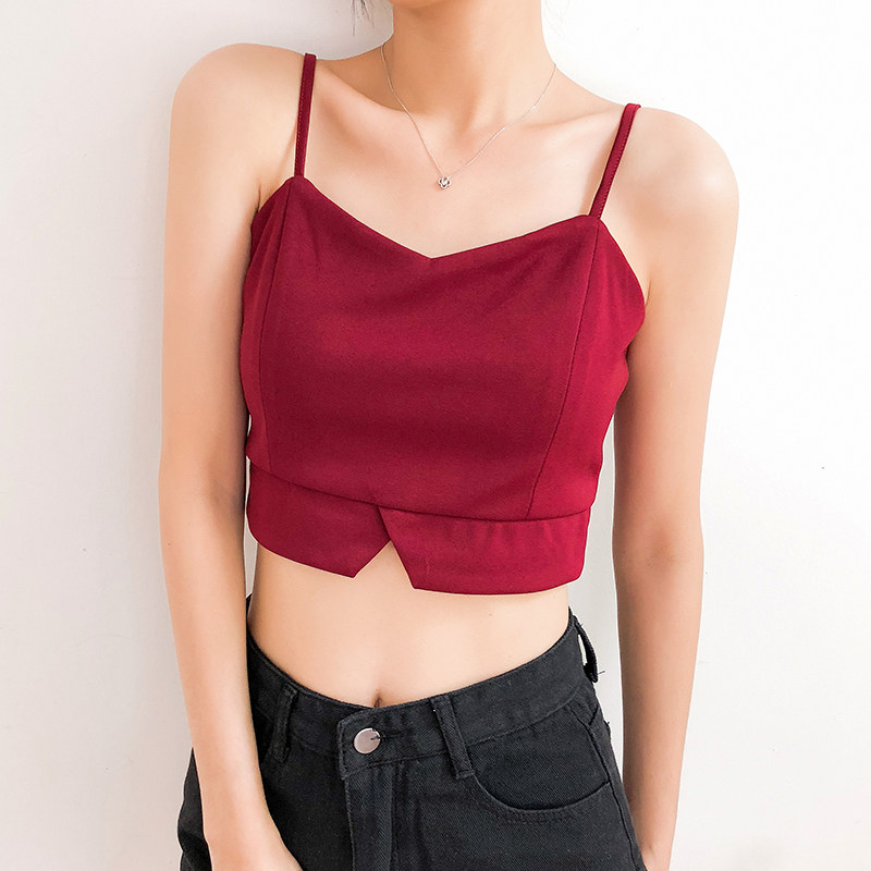 黑色吊带外穿港味美背背心女带胸垫性感内搭短款露脐上衣