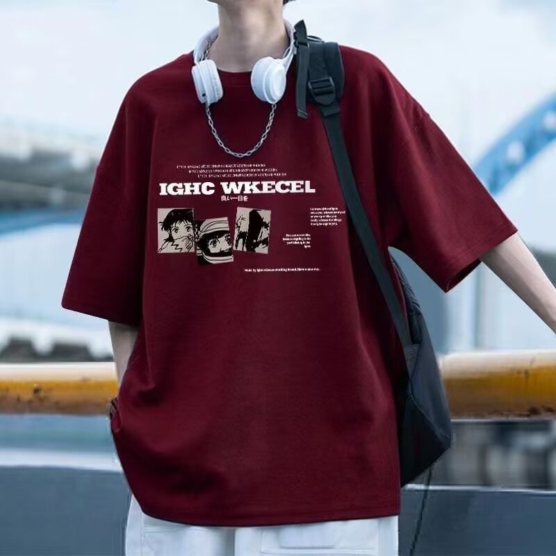 重磅纯棉复古红色短袖t恤男夏季新款美式潮牌百搭印花宽松衣服男