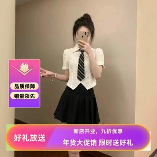 JK制服套装夏季学院风收腰白色衬衫女短袖设计感小众显瘦修身上衣