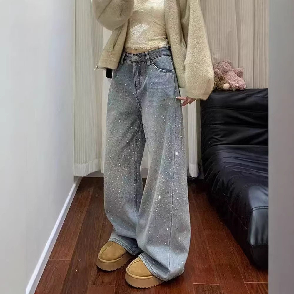 梵思羽高定2026春新款牛仔裤女镶钻设计满天星阔腿裤显瘦宽松长裤,女装/女士精品,牛仔裤,淘宝优惠券,粉丝福利购,淘宝优惠卷
