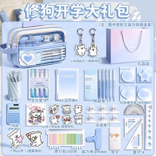 线条小狗文具套装学习用品五层透明笔袋上学大礼包一年级开学文具礼盒女孩生日礼物女生笔袋小学生开学礼物