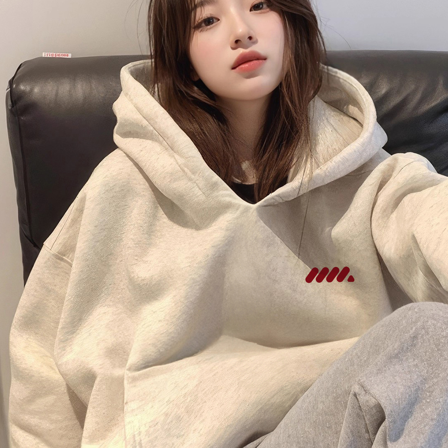 白灰秋冬加绒加厚连帽卫衣女