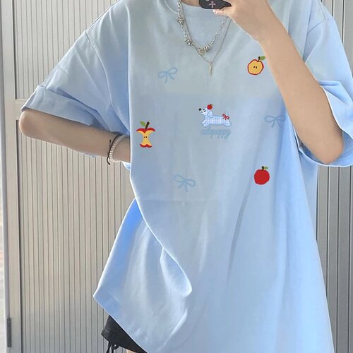 浅蓝纯棉宽松短袖T恤女夏新款潮