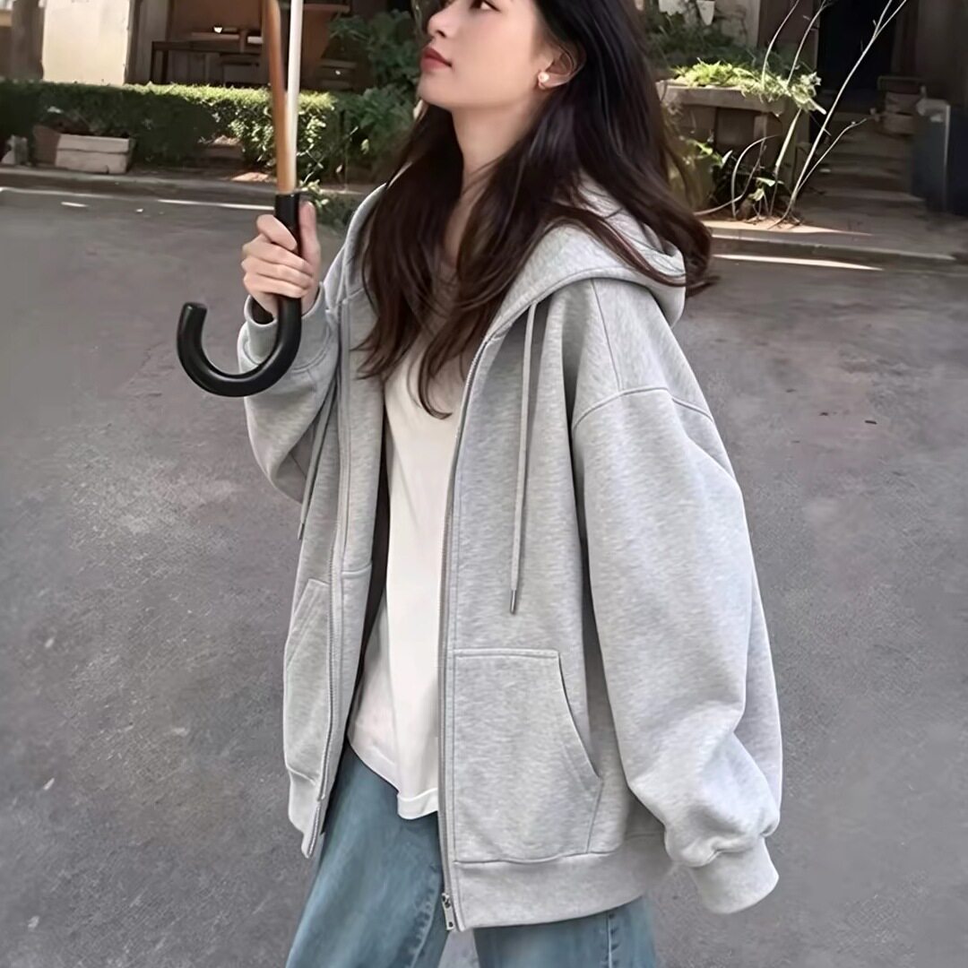 高街chic慵懒风开衫连帽卫衣女装新款秋冬oversize外套上衣