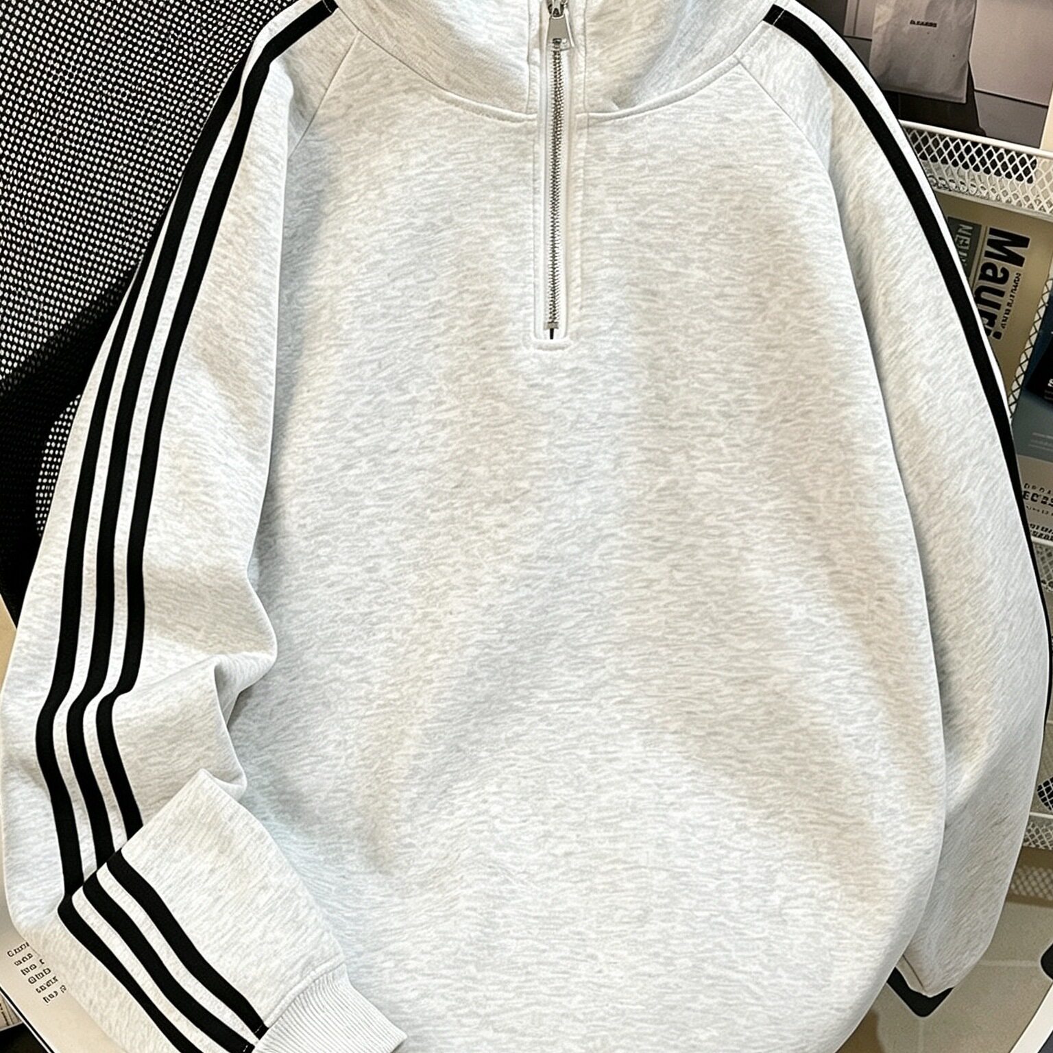 美式复古立领半拉链三条杠学生初高中卫衣女秋冬季宽松休闲外套潮