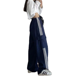 2026年美式复古工装裤女夏潮牌束脚直筒阔腿裤宽松条纹休闲运动裤