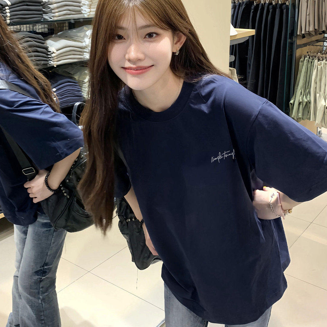 短袖T恤女士藏蓝色2026新款纯棉宽松半袖夏季美式小众不撞款上衣