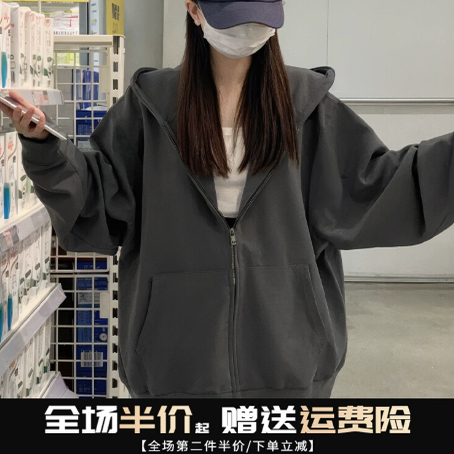 美式复古开衫连帽卫衣女