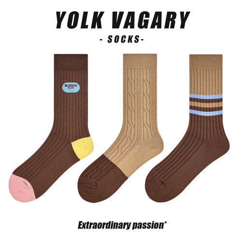 yolkvagary秋冬季袜子女中筒棉袜咖色美拉德长筒堆堆袜韩