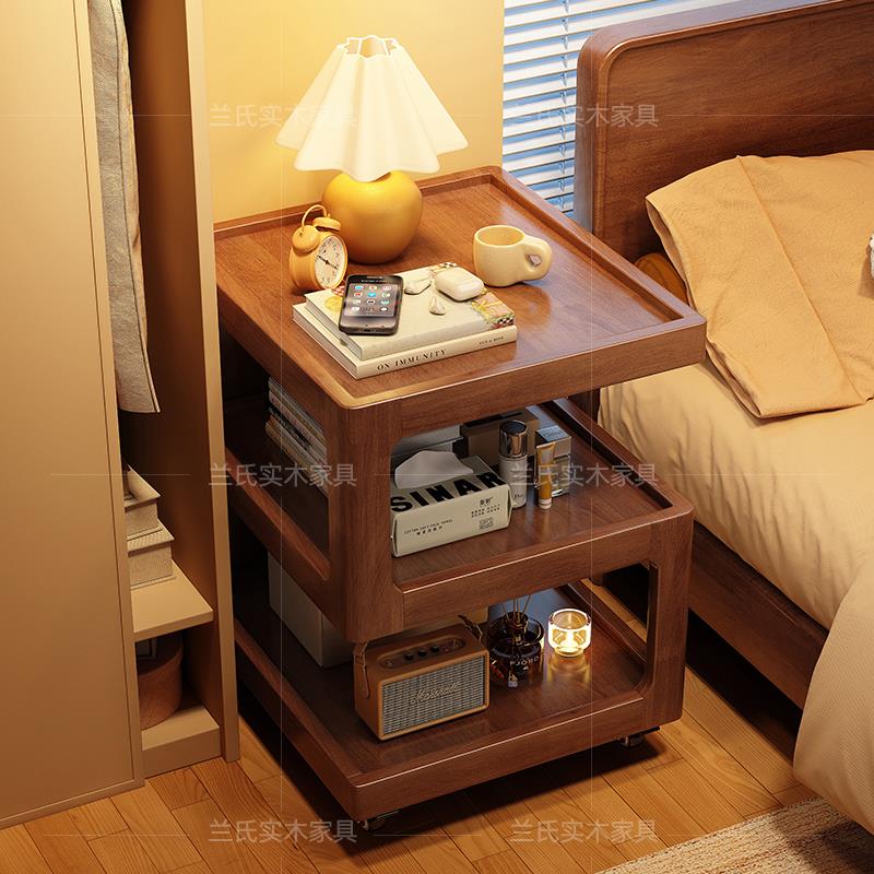 实木床头柜简约现代卧室储物柜家用小型带轮可移动边几床边置物架