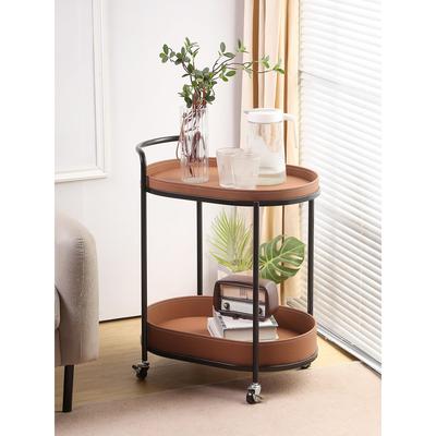 中世纪风格小吃车鞍皮革小车沙发边桌家庭可移动的存储架客厅咖啡