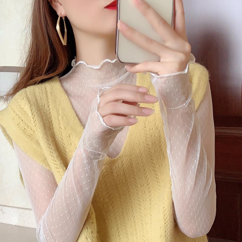 2025新款韩版透视白色蕾丝打底衫女2022新款气质波点半高领网纱内