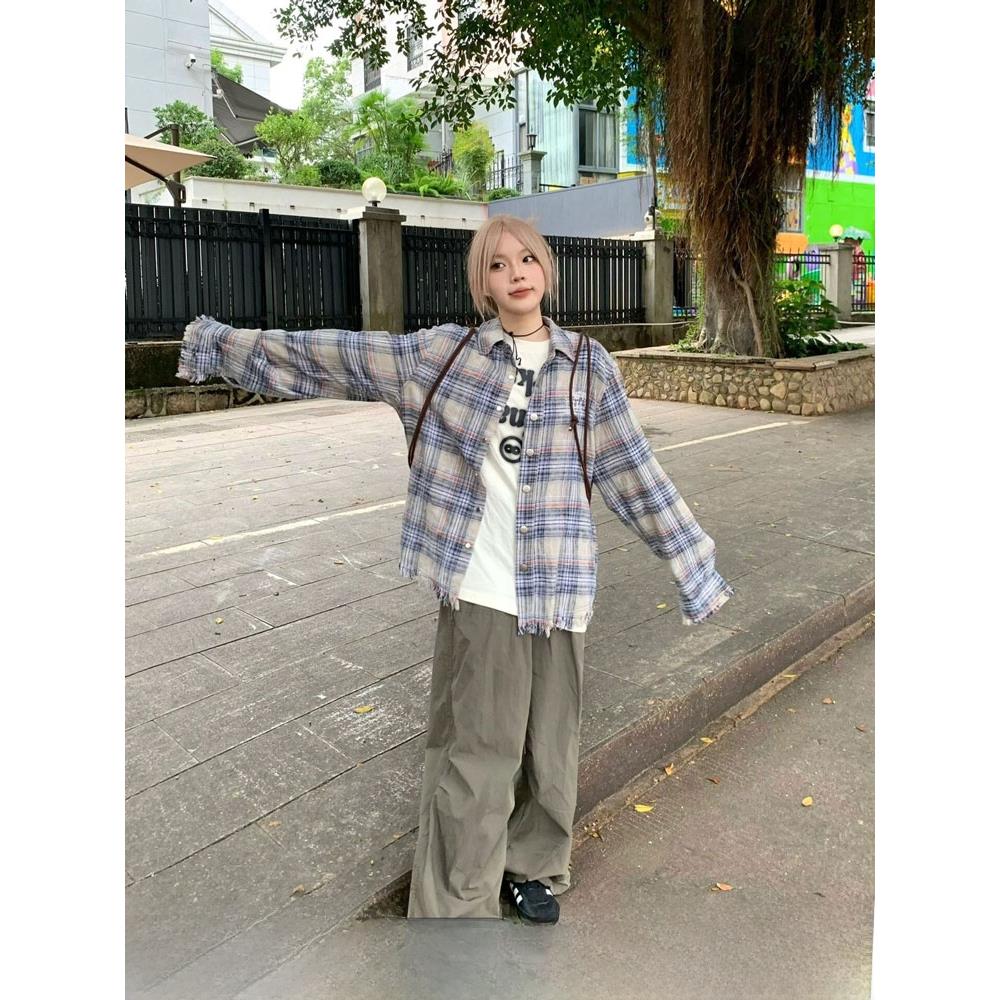 2025新款韩版美式覆古格子衬衫外套女早秋新款破坏风下摆流苏长袖